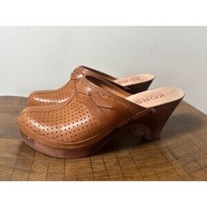 Michael Kors Brown Leather Clog Mule Heels Studded Wood Platform Women 8.5
